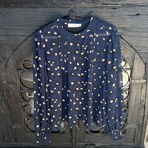 Mango Sheer Blouse Navy Size 6 Black Sand Colored Animal Print Round Neck